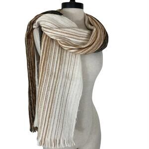 Woven fringed fuzzy throw shawl soft cream brown large rectangular wrap